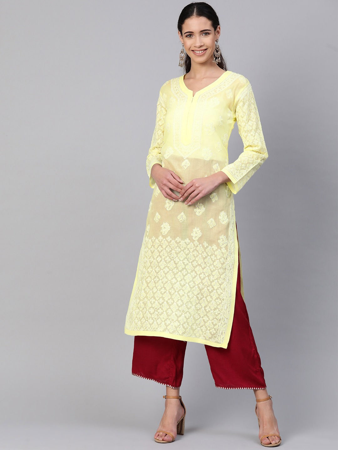 Ada Hand Embroidered Lemon Cotton Lucknow Chikankari Straight Kurta A100379