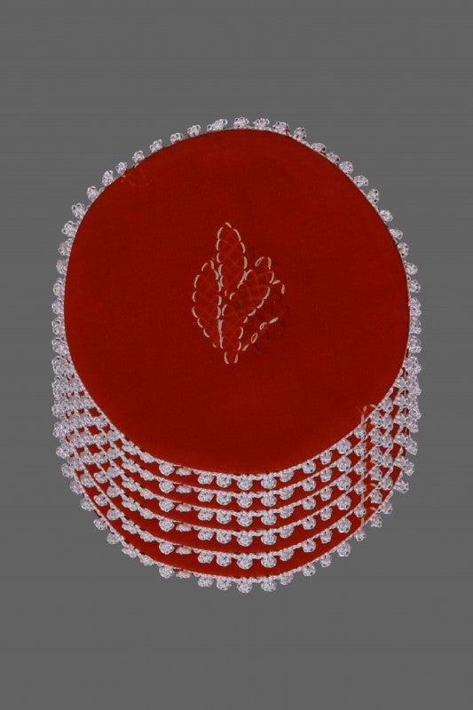 Ada Hand Embroidered Red Cotton Lucknowi Chikankari Table Coaster-A611617