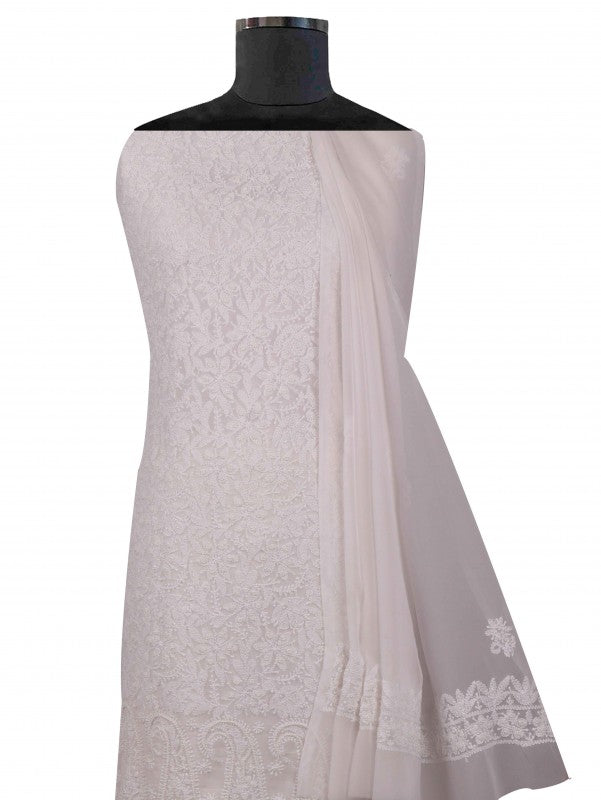 Ada Hand Embroidered White Georgette Lucknowi Chikankari Unstitched Suit Piece with Pearl Work 01A44644