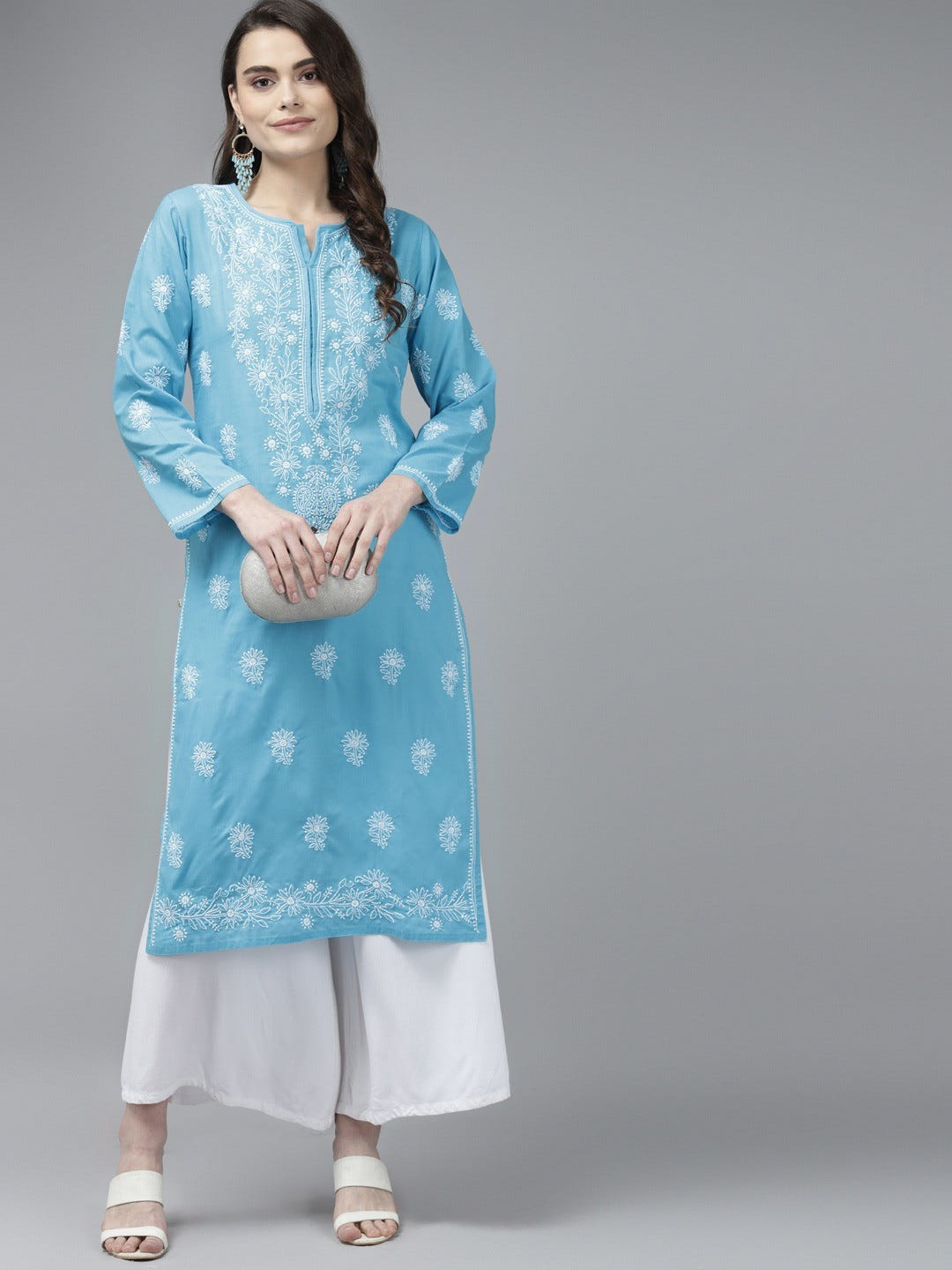 Ada Hand Embroidered Blue Cotton Lucknow Chikankari Straight Kurta A125566