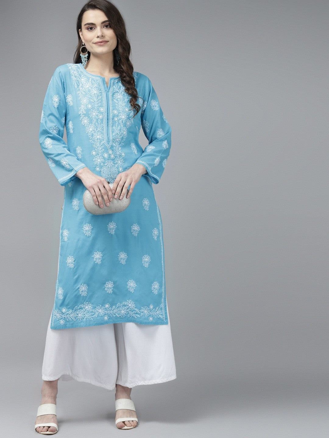 Ada Hand Embroidered Blue Cotton Lucknow Chikankari Straight Kurta A125566