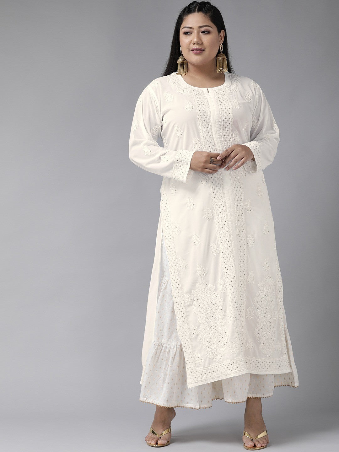 Ada Hand Embroidered White Georgette Lucknowi Chikankari Straight Kurta with Muqaish Work A100580