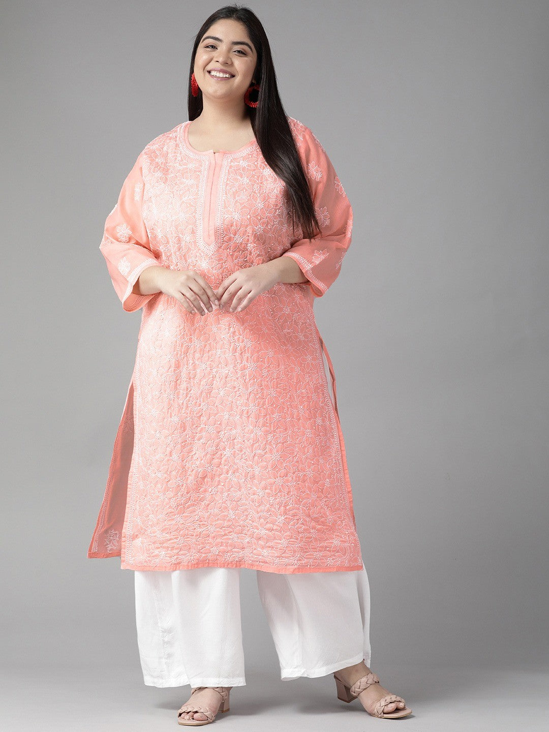 Ada Hand Embroidered Peach Cotton Lucknow Chikankari Straight Kurta A411165