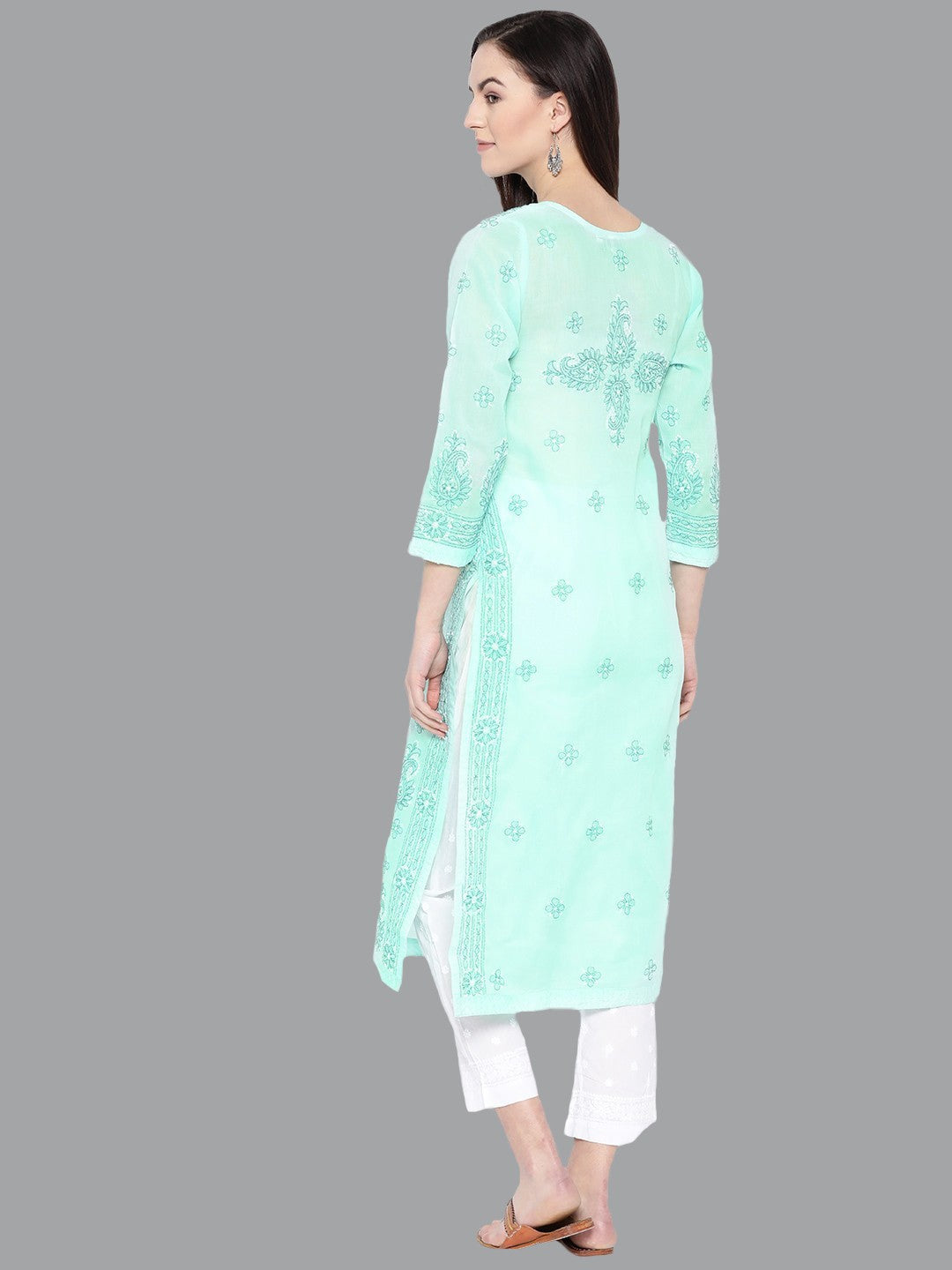 Ada Hand Embroidered Sea Green Cotton Lucknowi Chikankari Kurta with Palazzo Set A100217