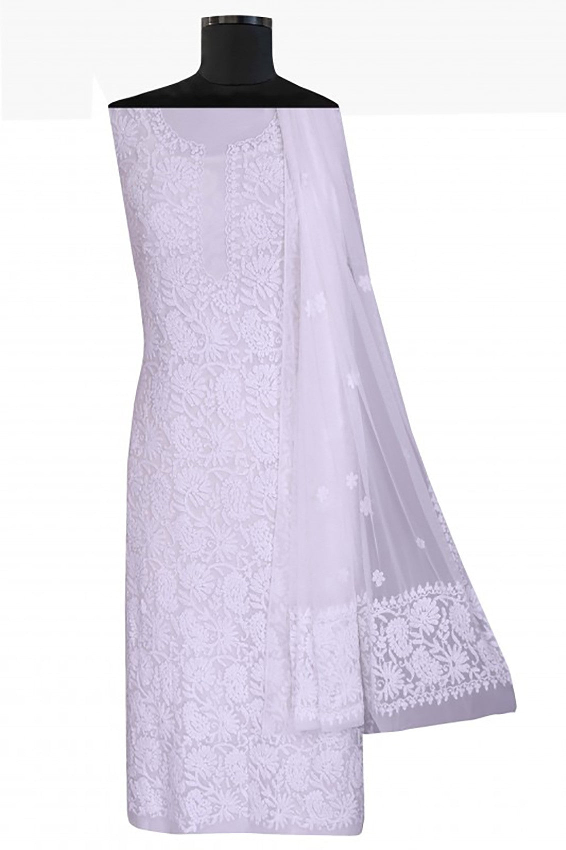 Ada Hand Embroidered White Net Lucknowi Chikankari Unstitched Kurta Dupatta A119279