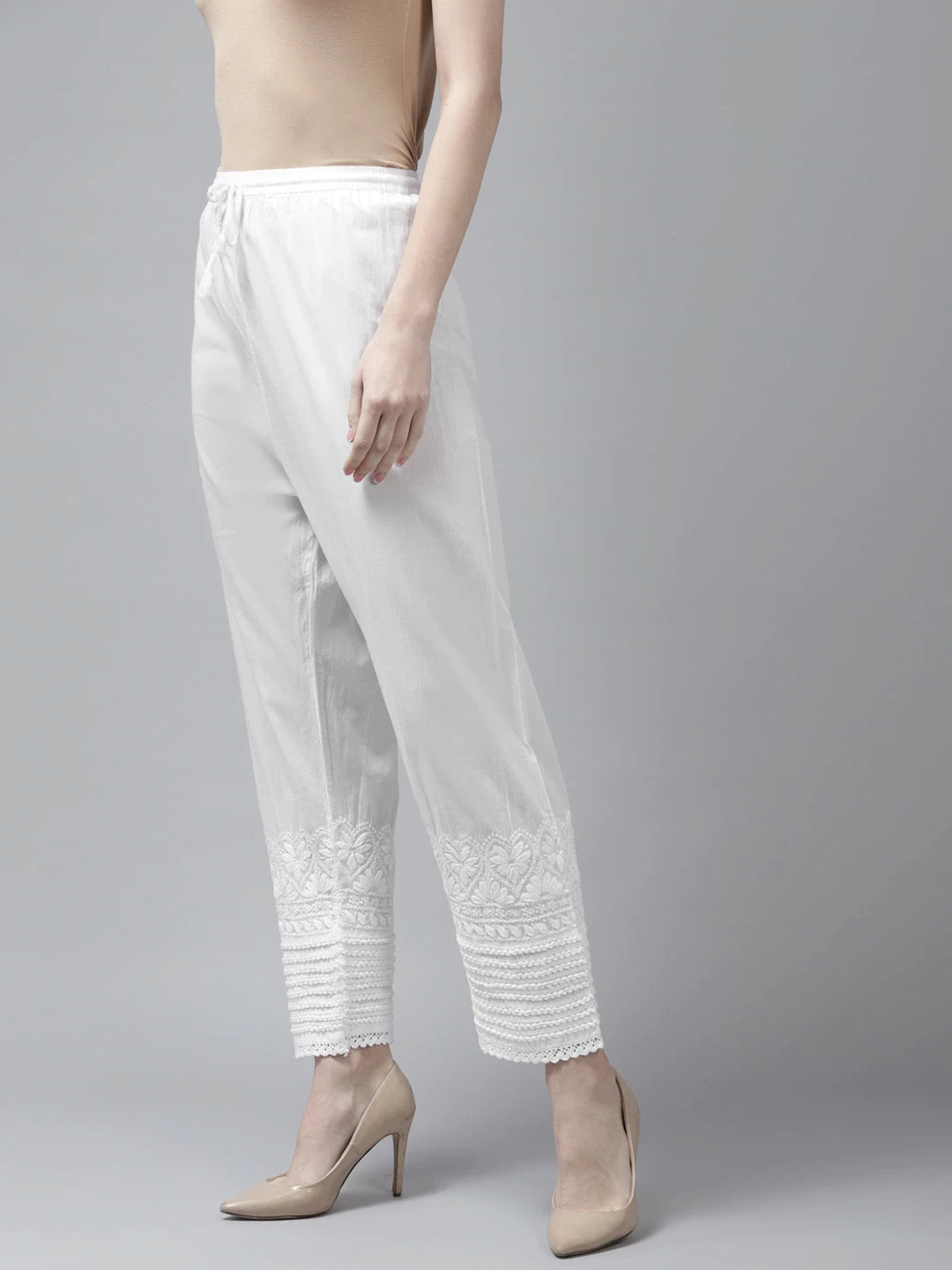 Ada Hand Embroidered White Cotton Lucknowi Chikankari Palazzo A711151