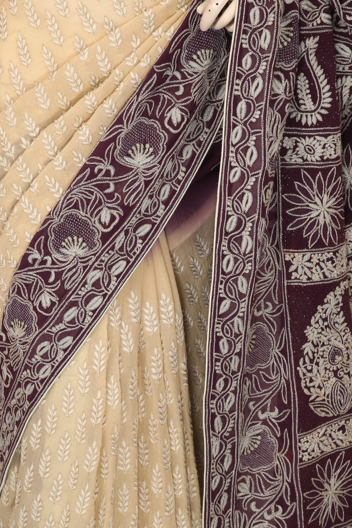 Ada Hand Embroidered Cream & Wine Ombre shade Pure Georgette Lucknowi Chikankari Saree/Blouse With Zari Work A59038