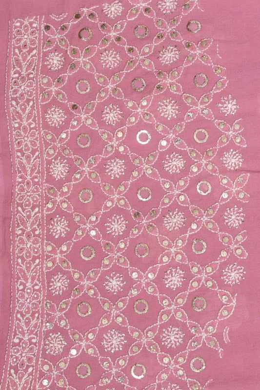 Ada Hand Embroidered Dusty Pink Pure Georgette Lucknowi Chikankari Lehenga Set With Muqaish Work A620113