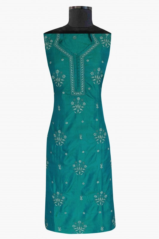 Ada Hand Embroidered Teal Blue Tusser Silk Lucknowi Chikan Semi-Stitched Kurta Piece - A631956