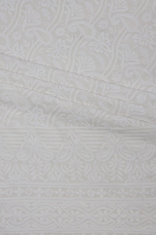 Ada Hand Embroidered White Pure Georgette Lucknowi Chikan Unstitched Kurta Dupatta Set A582986
