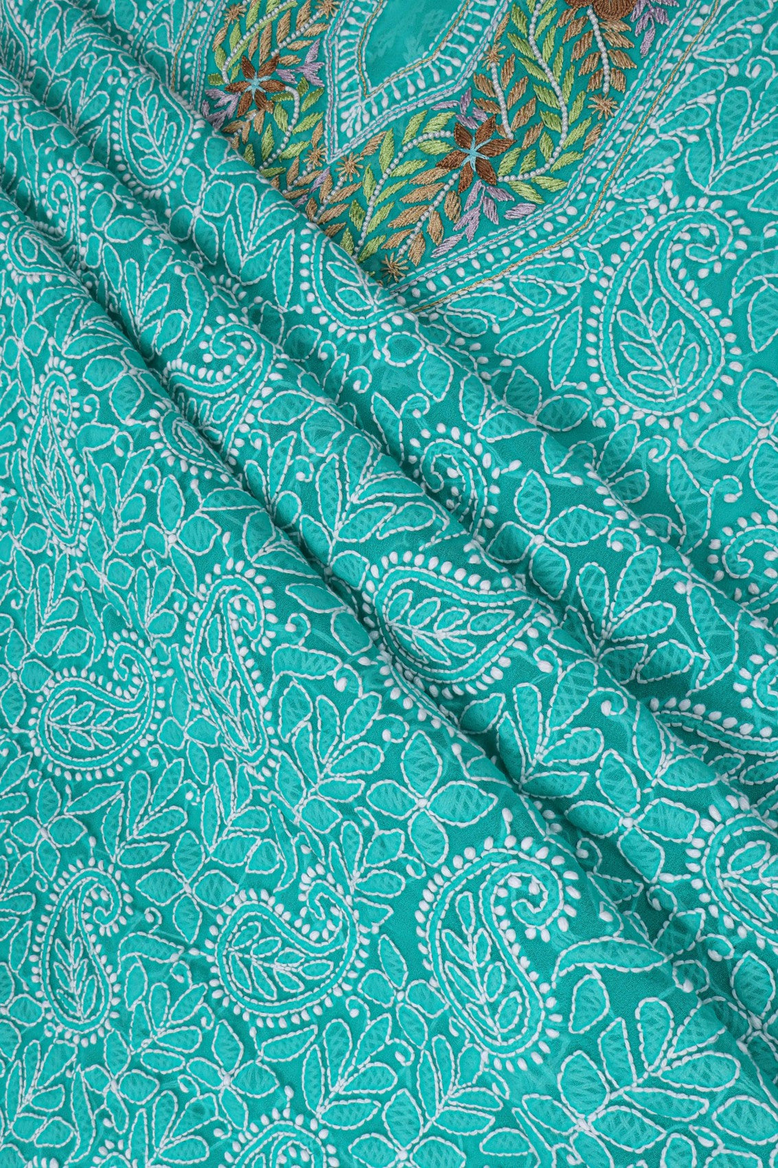 Ada Hand Embroidered Dark Green Georgette Lucknowi Chikankari Unstitched Suit Piece With Pearl Work 01A146084