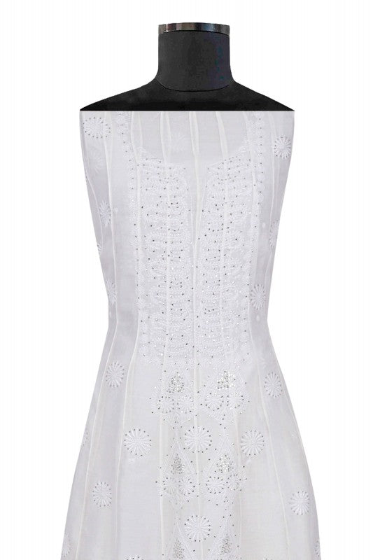 Ada Hand Embroidered White Chanderi Lucknowi Chikankari Semi-Stitched Anarkali Kurta Piece With Muqaish Work A609248