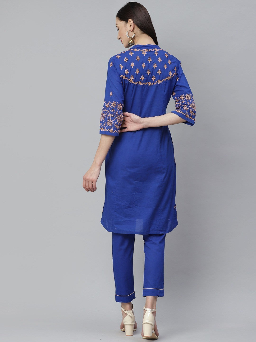 Ada Hand Embroidered Royal Blue Cotton Lucknowi Chikankari Straight Kurta with Trouser Set A811133