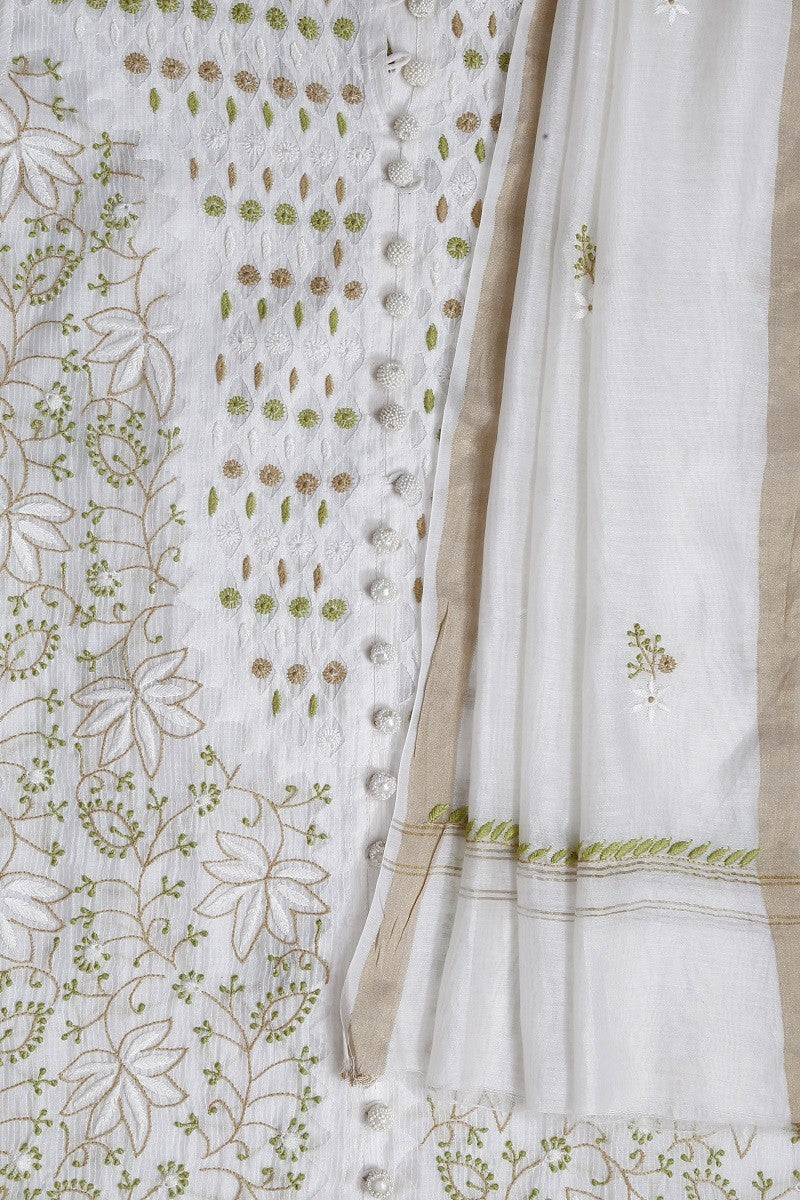 Ada Hand Embroidered Cream Chanderi Lucknowi Chikan Semi-stitched Kurta Dupatta A145991
