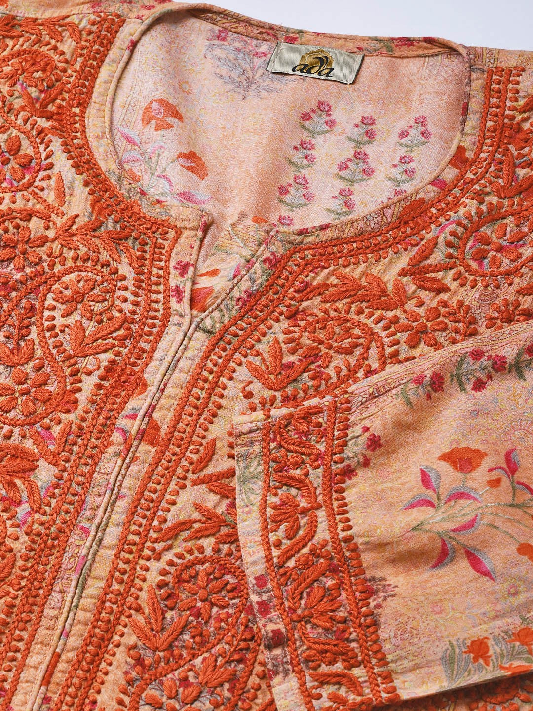 Ada Hand Embroidered Peach Printed Cotton Chikan Kurta- A100059