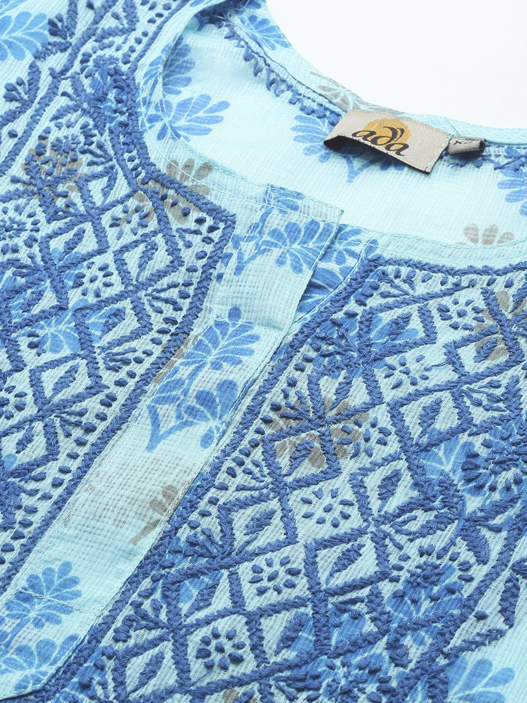 ADA Hand Embroidered Blue Kota Lucknowi Chikankari Kurti A911144