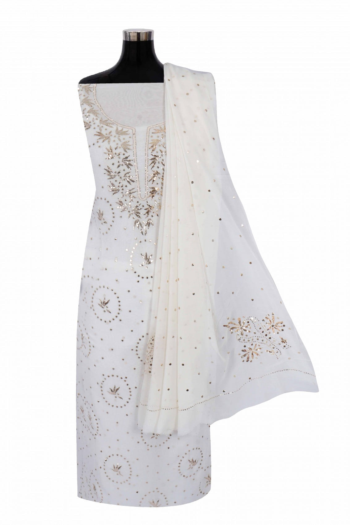 Ada Hand Embroidered Off White Pure Georgette Lucknowi Chikankari Unstitched Kurta Dupatta Set With Muqaish Work A580365