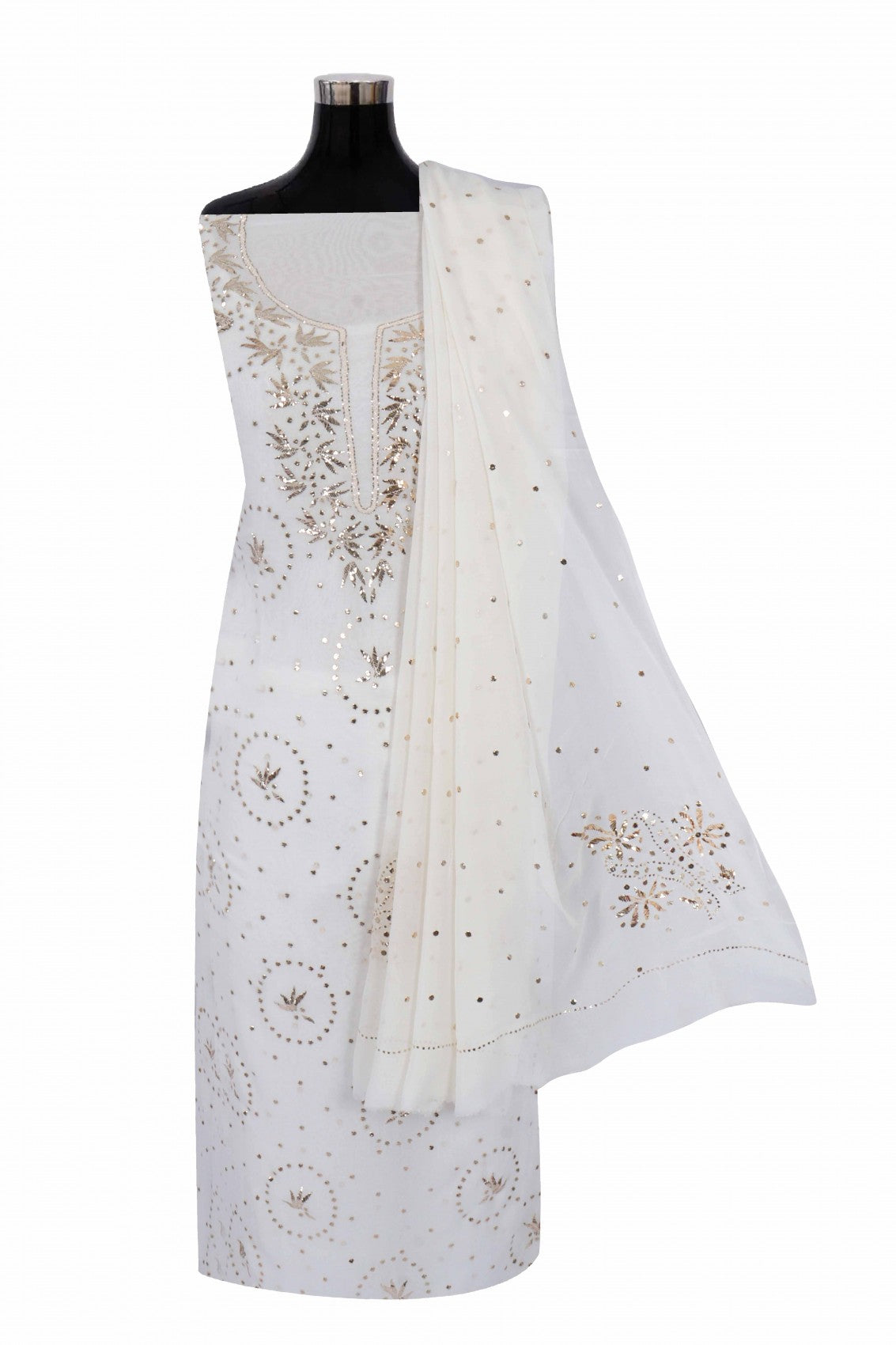 Ada Hand Embroidered Off White Pure Georgette Lucknowi Chikankari Unstitched Kurta Dupatta Set With Muqaish Work A580365