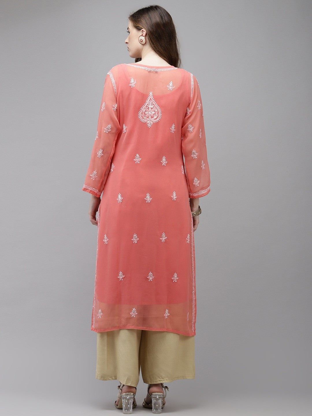 Ada Hand Embroidered Peach Georgette Lucknow Chikan Kurta/Slip with Gota Patti work A411356