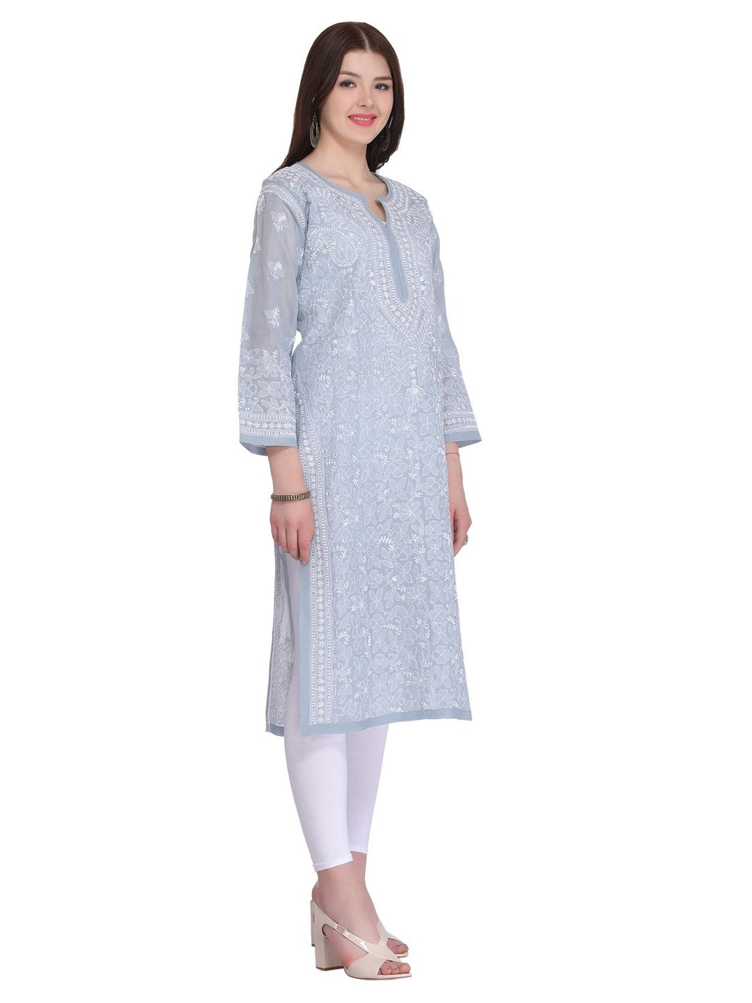 Ada Hand Embroidered Grey Cotton Lucknowi Chikankari Straight Kurta A274287