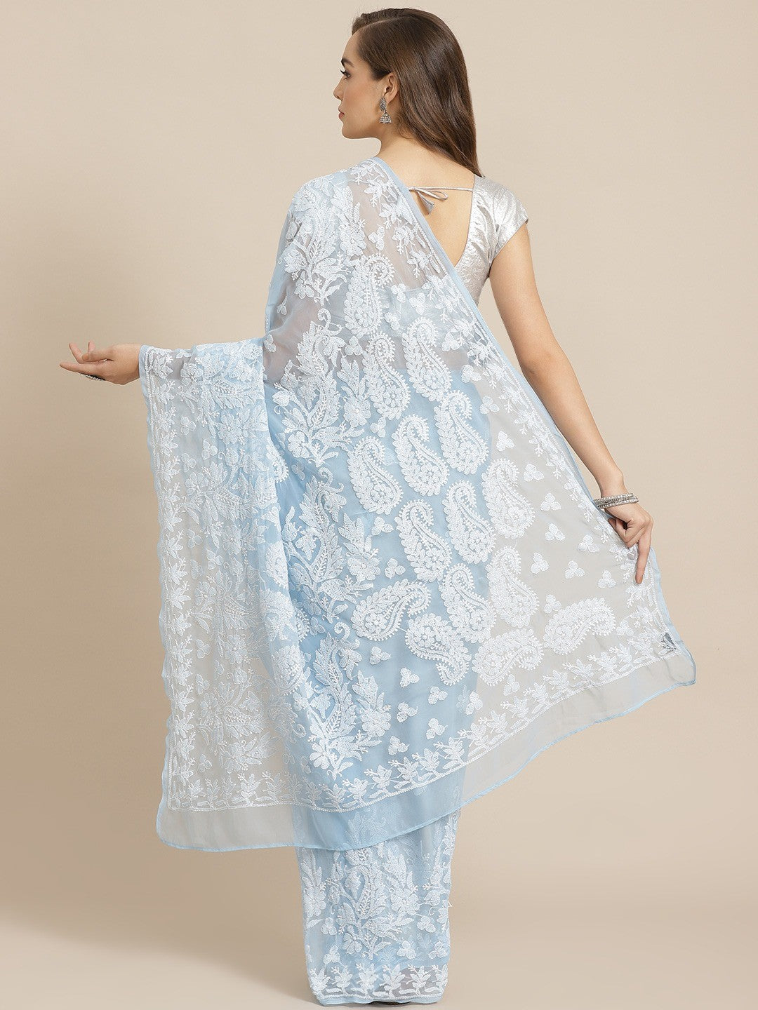 Ada Hand Embroidered Blue Georgette Lucknow Chikan Saree with Blouse A311265
