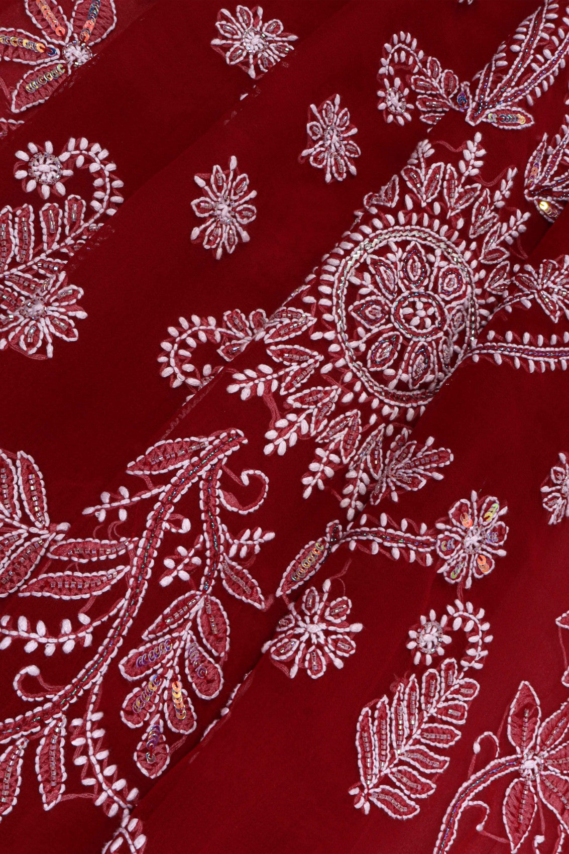 Ada Hand Embroidered Maroon Georgette Lucknowi Chikankari Saree/Blouse With Cutdana Work 01A194048