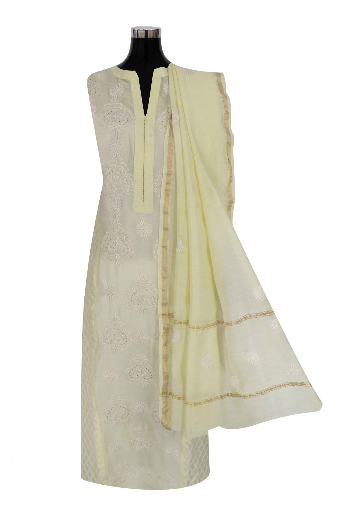 Ada Hand Embroidered Lemon Chanderi Lucknowi Chikankari Semi-Stitched Anarkali Kurta Dupatta Set A497281