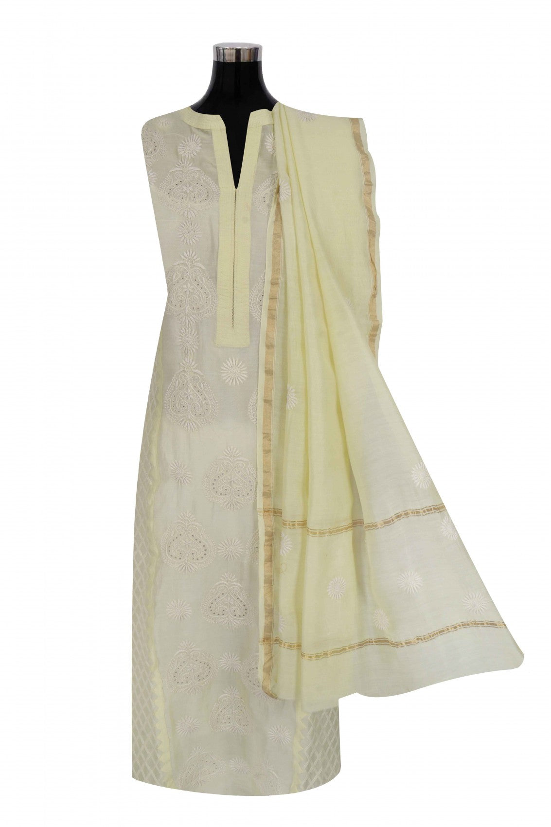 Ada Hand Embroidered Lemon Chanderi Lucknowi Chikankari Semi-Stitched Anarkali Kurta Dupatta Set A497281