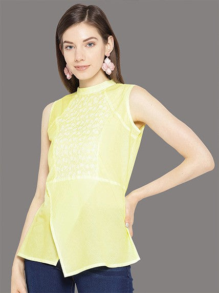 Ada Hand Embroidered Lemon Cotton Lucknow Chikan Top A100075