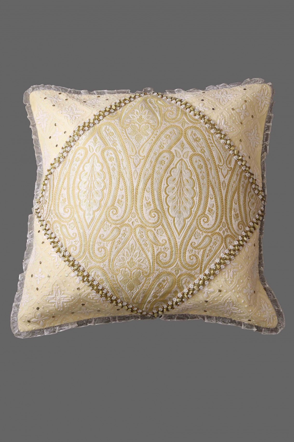 Ada Hand Embroidered Vanilla Cream Pure Georgette Lucknowi Chikankari Cushion Cover With Muqaish Work A333842