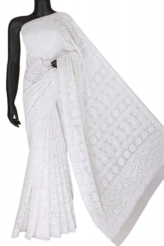 Ada Hand Embroidered White Georgette Lucknowi Chikankari Saree With Blouse A588582