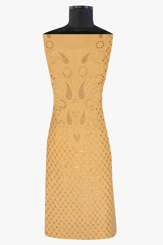 Ada Hand Embroidered Fawn Pure Georgette Lucknowi Chikan Unstitched Kurta Piece With Muqaish Work A302895