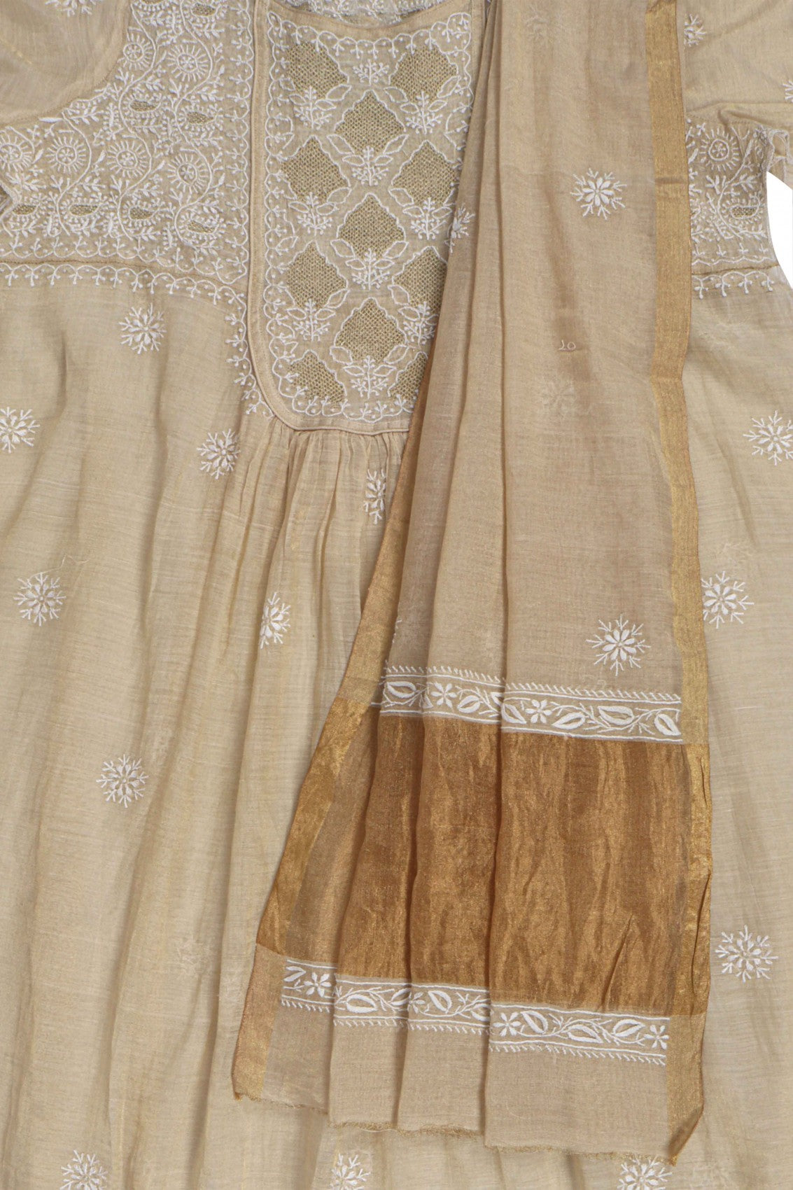 Ada Hand Embroidered Natural Fawn Tissue Lucknowi Chikankari Semi-Stitched Anarkali Kurta Dupatta Set 01A213937