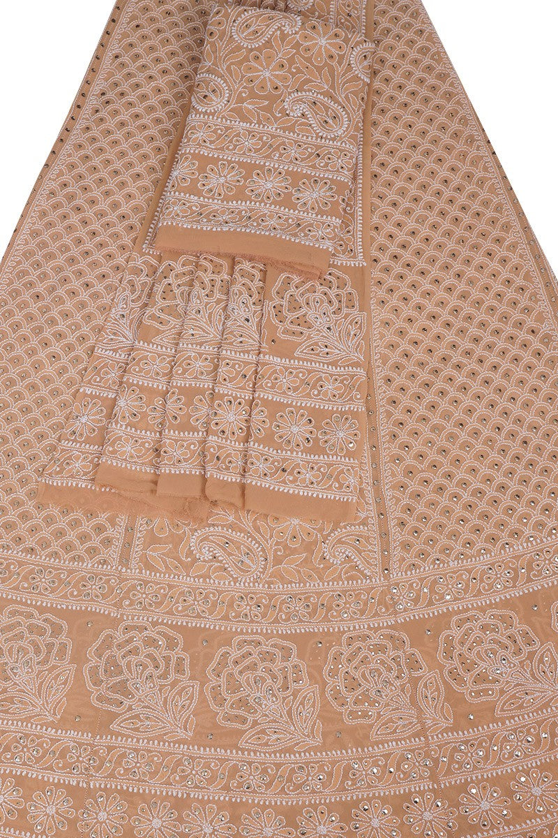 Ada Hand Embroidered Fawn Pure Georgette Lucknowi Chikankari Lehenga Set With Muqaish Work A578331