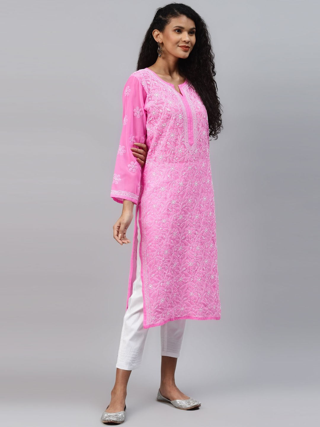 Ada Hand Embroidered Pink Georgette Lucknowi Chikankari Straight Kurta Set A811202