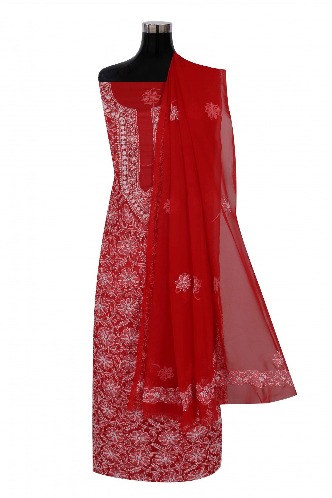 Ada Hand Embroidered Red Georgette Lucknowi Chikan Unstitched Suit Piece A496893