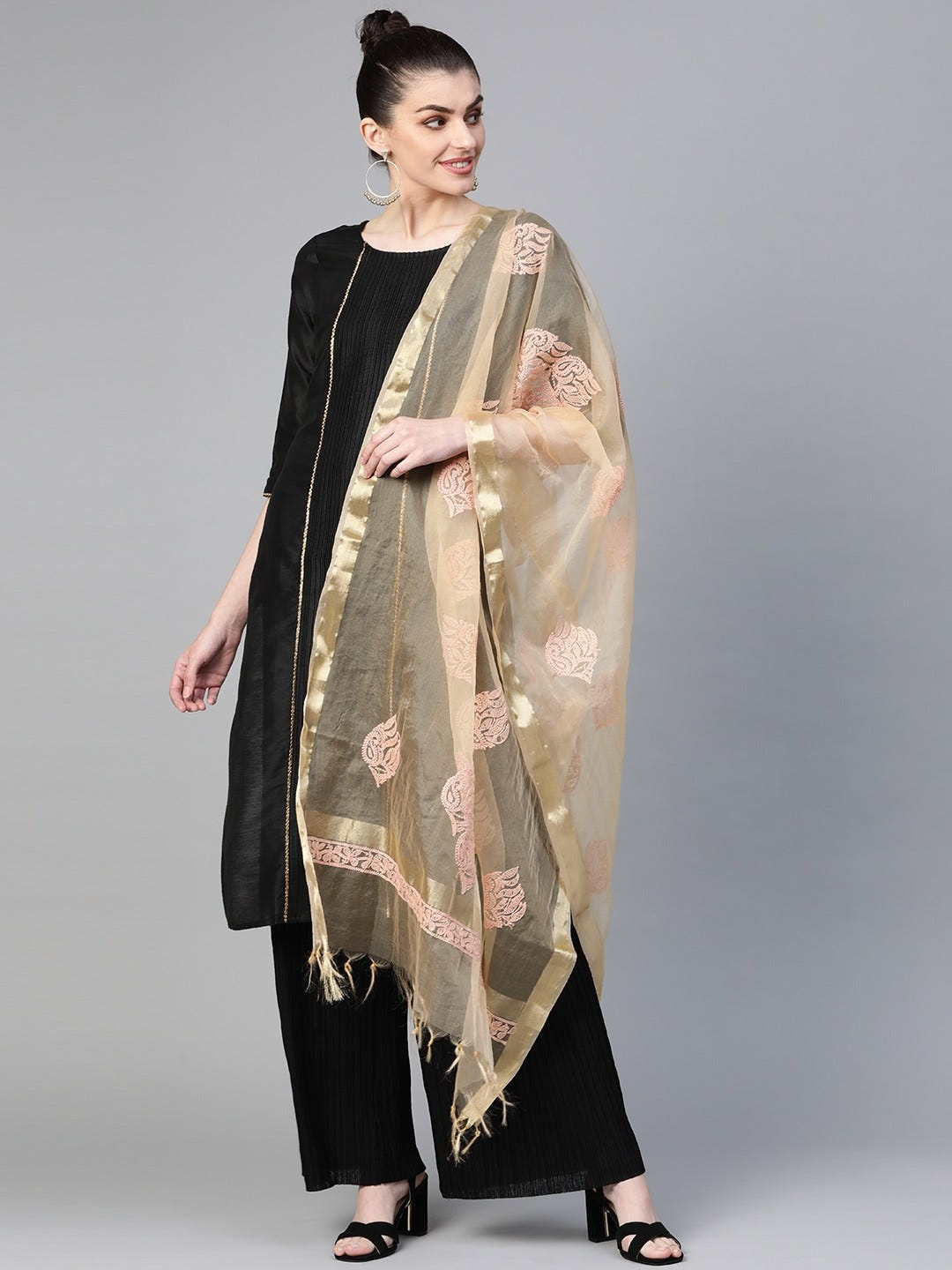 Ada Hand Embroidered Fawn Organza Lucknowi Chikankari Dupatta-A511138