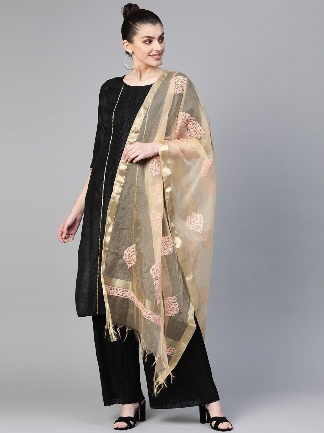 Ada Hand Embroidered Fawn Organza Lucknowi Chikankari Dupatta-A511138