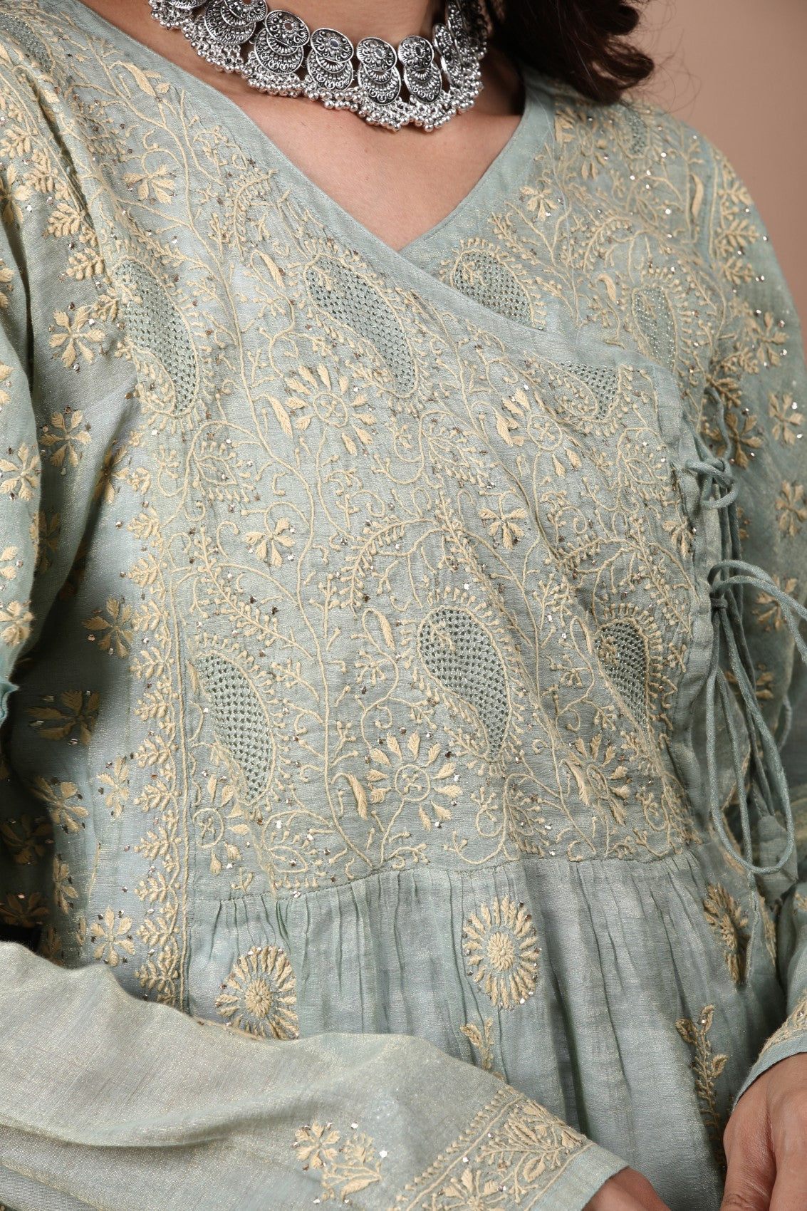 Ada Hand Embroidered Pickle Green Tissue Lucknowi Chikankari Semi-stitched Kurta Dupatta Set With Muqaish Work 01A189051