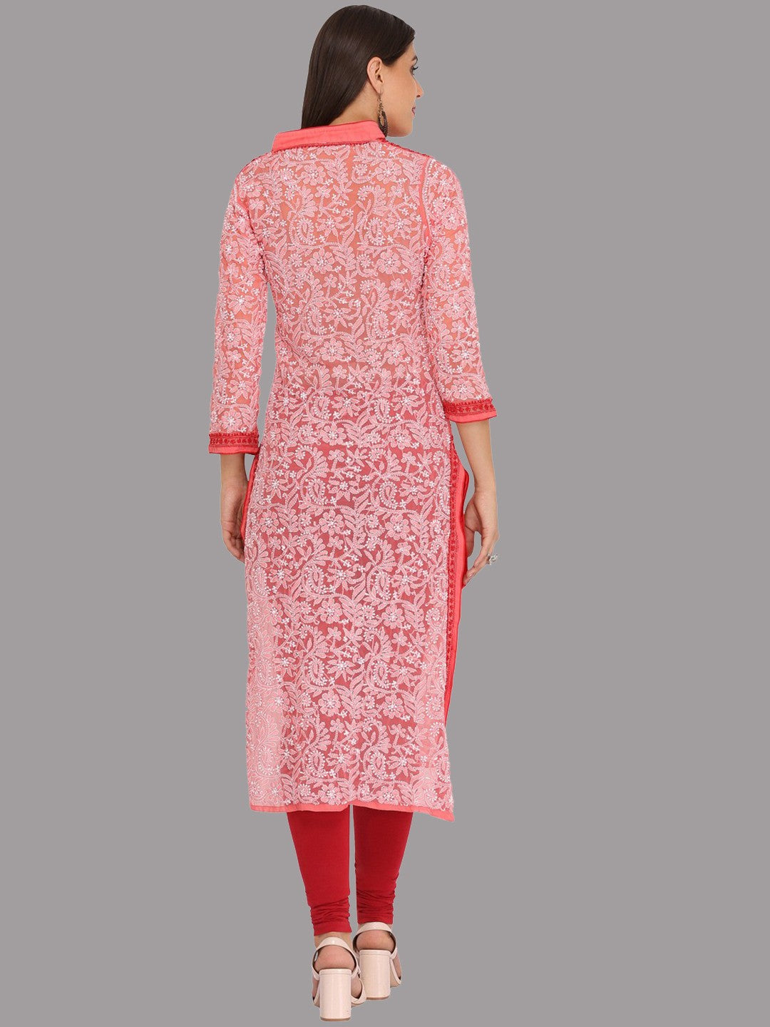 Ada Hand Embroidered Carrot Pink Georgette Lucknow Chikan Kurta A280302