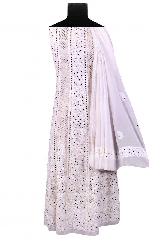 Ada Hand Embroidered White Georgette Lucknowi Chikankari Semi-Stitched Anarkali Kurta Dupatta Set With Muqaish Work 01A137140