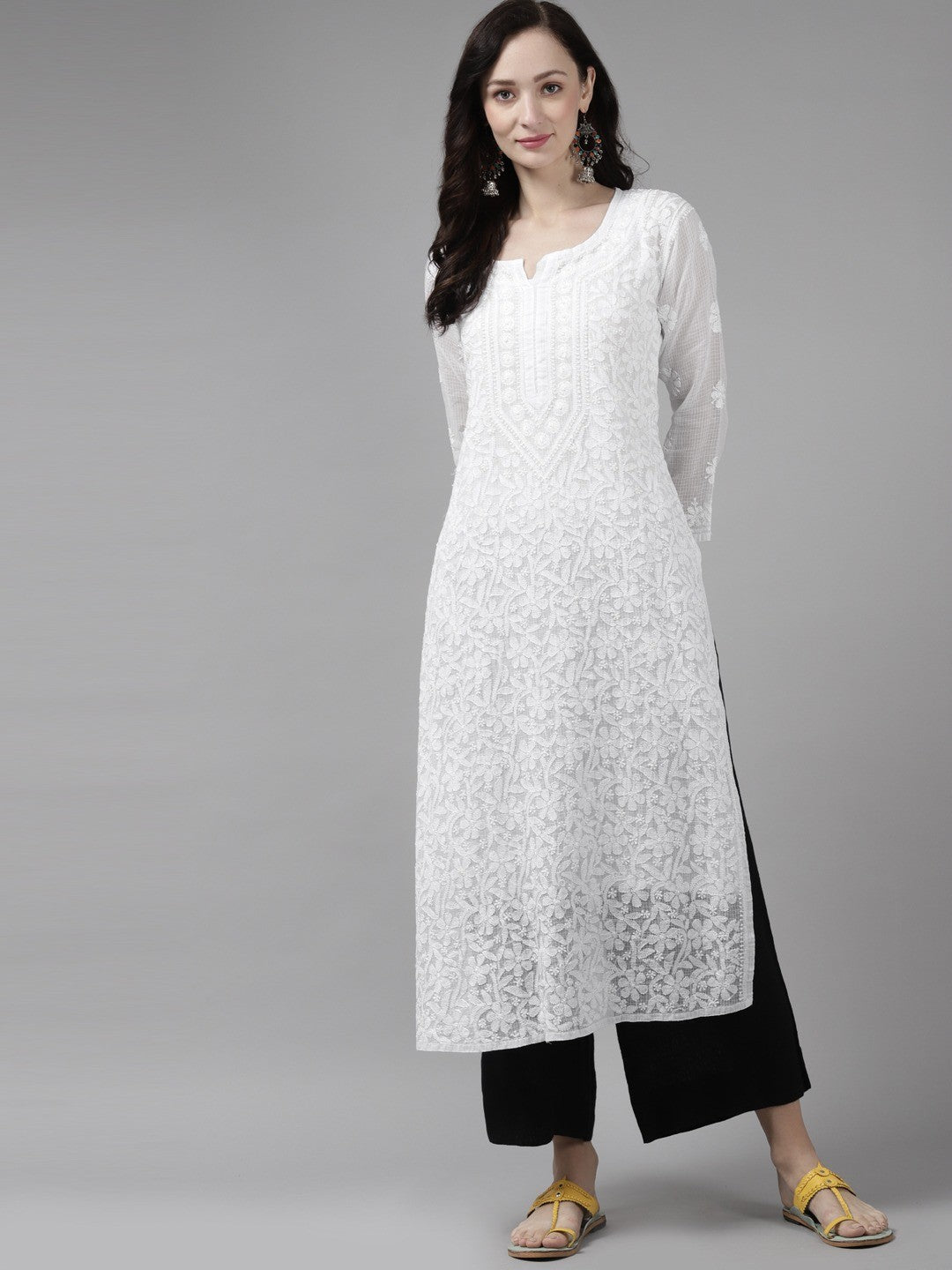 Ada Hand Embroidered White  Kota Lucknow Chikankari Straight Kurta With Slip A411303