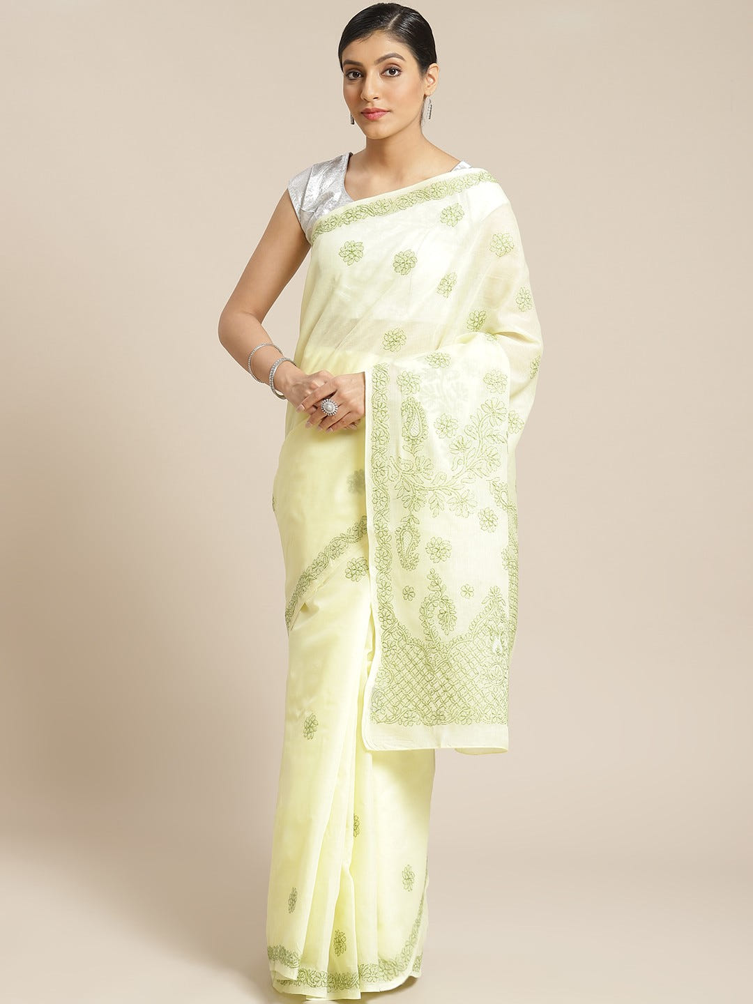 Ada Hand Embroidered Lemon Cotton Lucknow Chikan Saree With Blouse-A311179