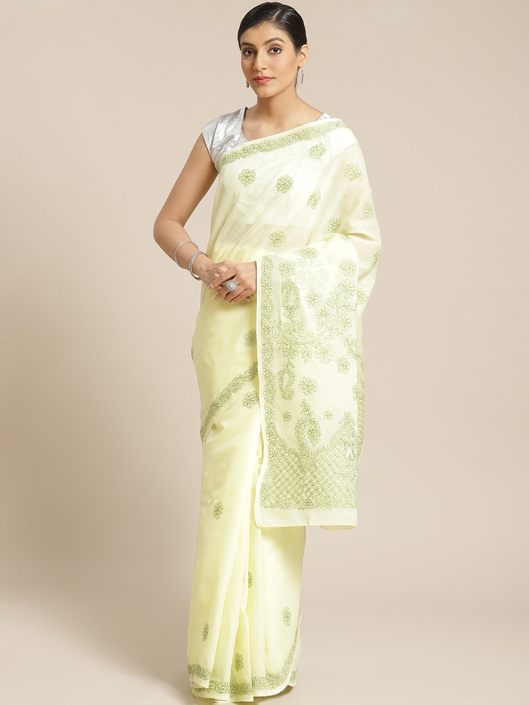 Ada Hand Embroidered Lemon Cotton Lucknow Chikan Saree With Blouse-A311179