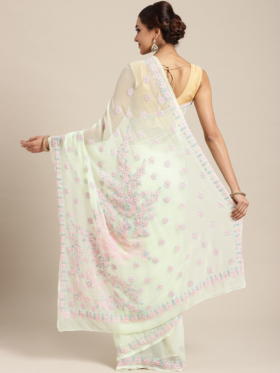 Ada Hand Embroidered Lemon Georgette Lucknow Chikan Saree With Blouse-A100062