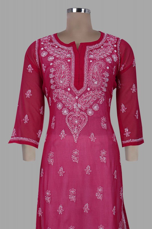 Ada Hand Embroidered Magenta Georgette Lucknow Chikan Kurta With Slip A411350