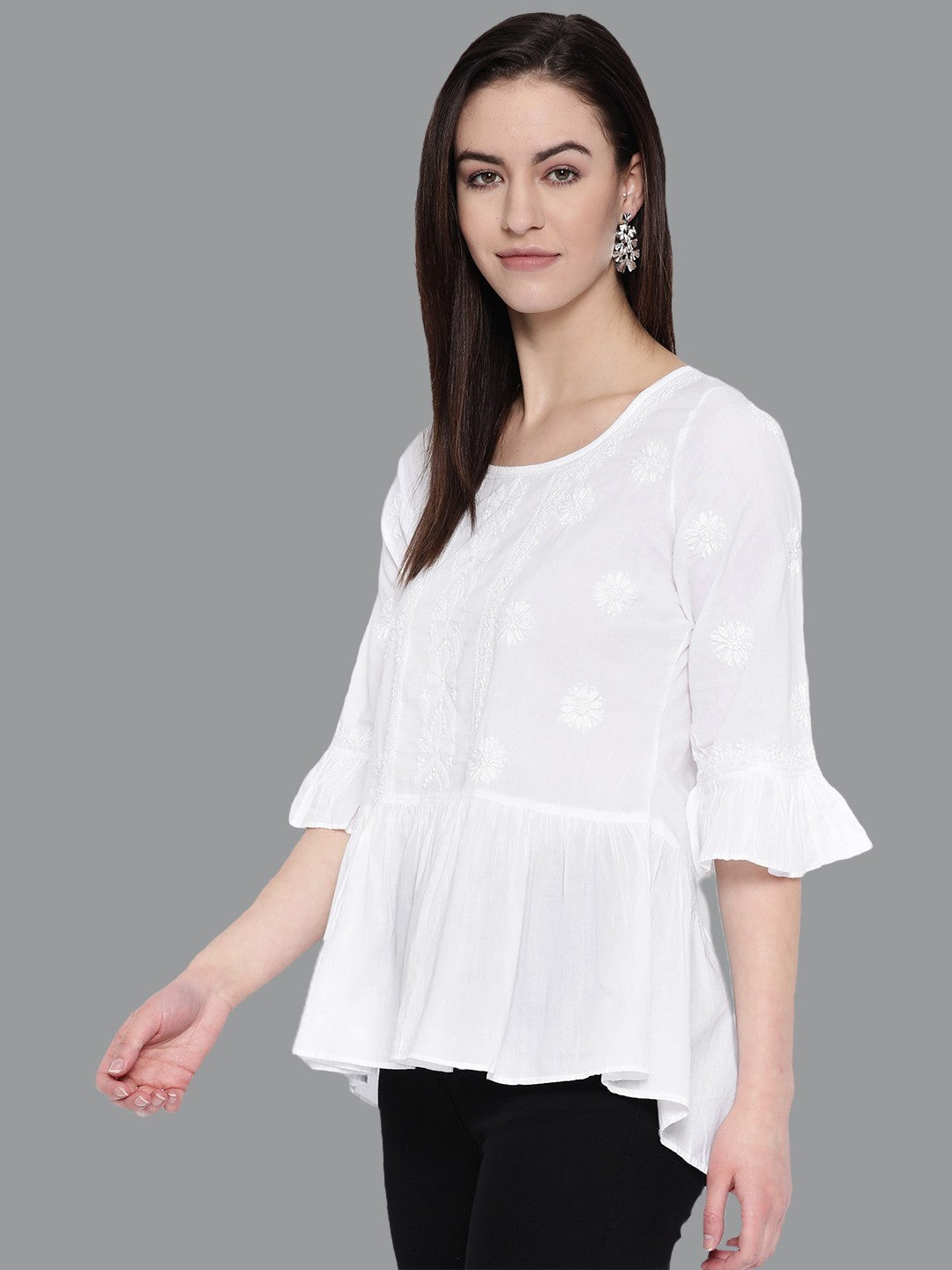 Ada Hand Embroidered White Cotton Lucknowi Chikankari Top A100149