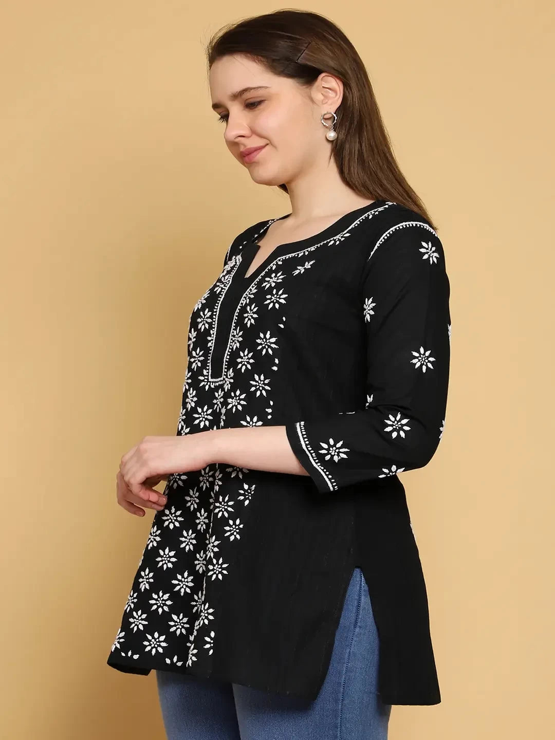Ada Hand Embroidered Black Cotton Lucknowi Chikankari Straight Kurti A911286