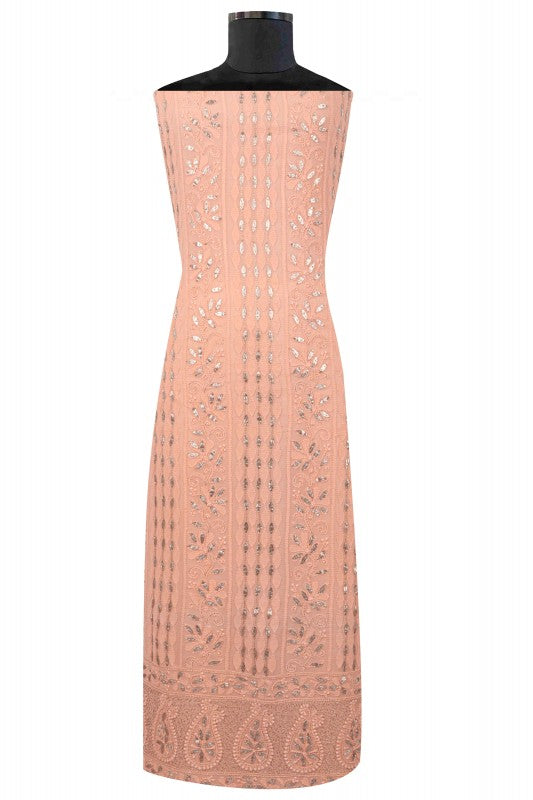 Ada Hand Embroidered Peach Georgette Lucknowi Chikan Unstitched Kurta Piece With Gota Patti Work A541972