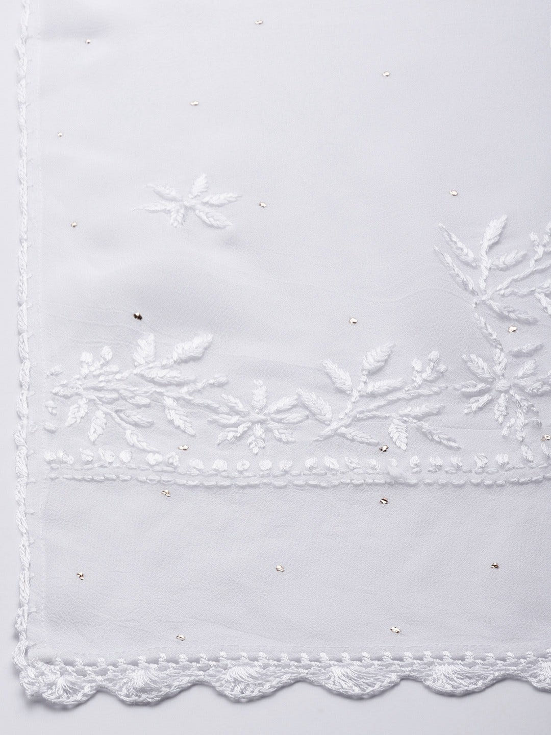 Ada Hand Embroidered White Georgette Lucknowi Chikankari Dupatta With Muqaish Work A511187